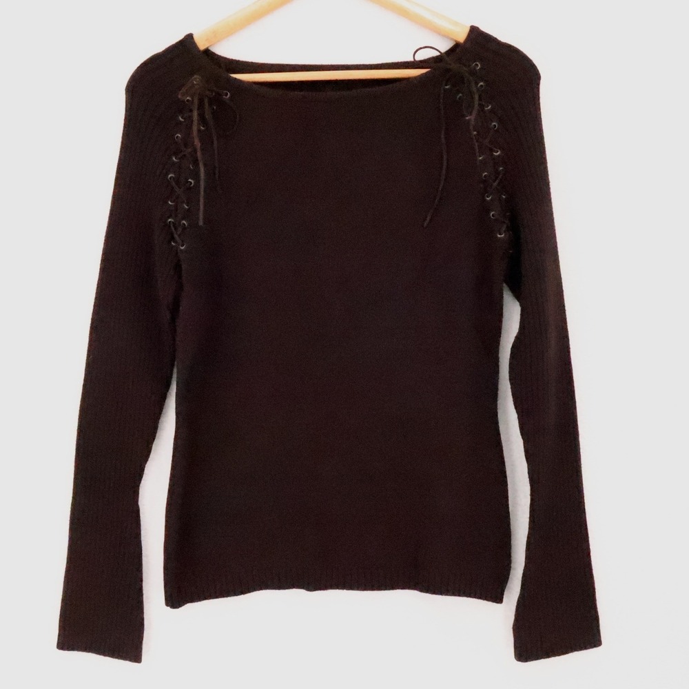 Y2K Lace Up Shoulder Sweater Womens Size S Chocolate Brown Goth Grunge Ribbed